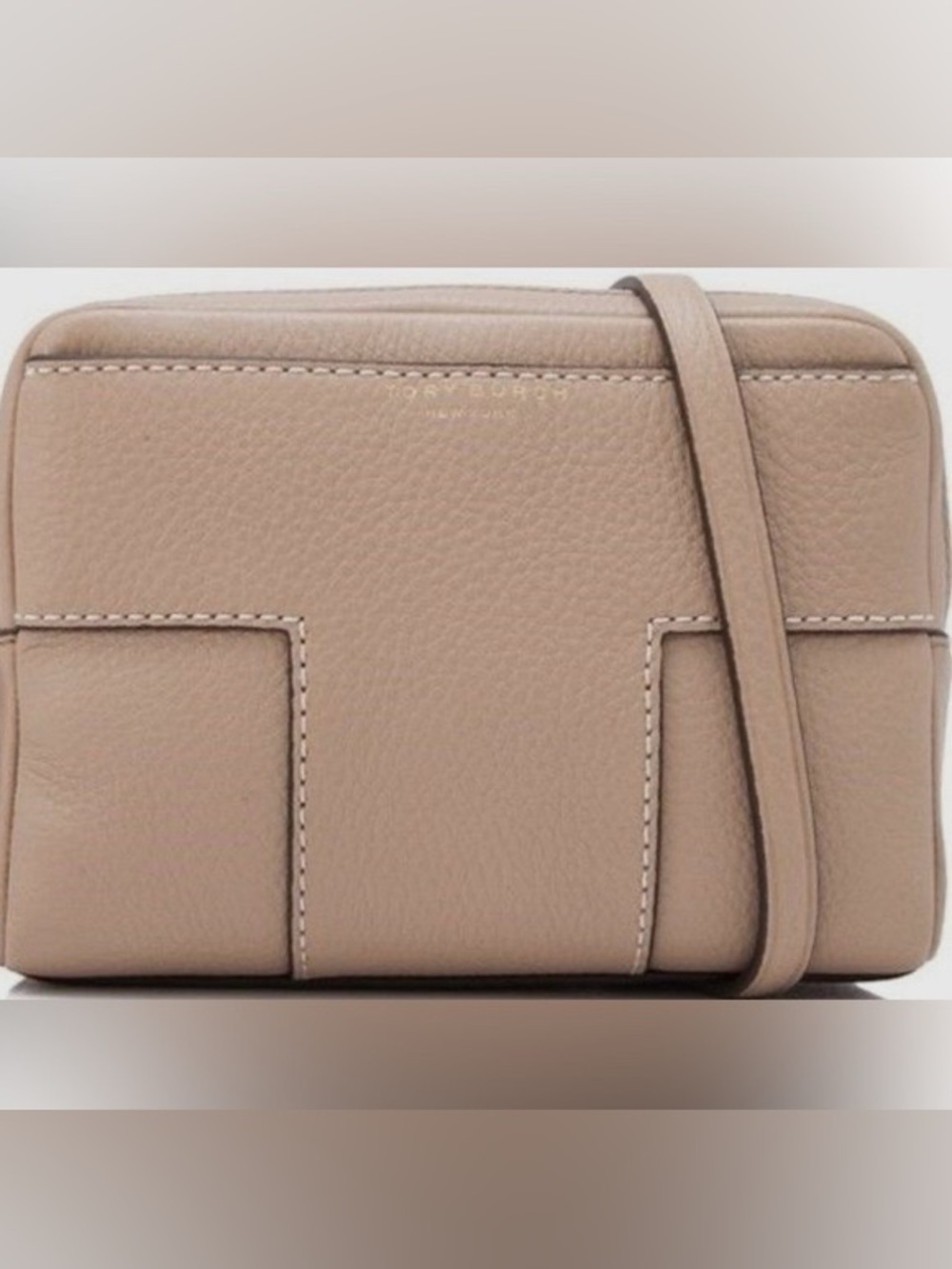 Tory Burch Block T Beige Pebbled Leather Crossbody Bag